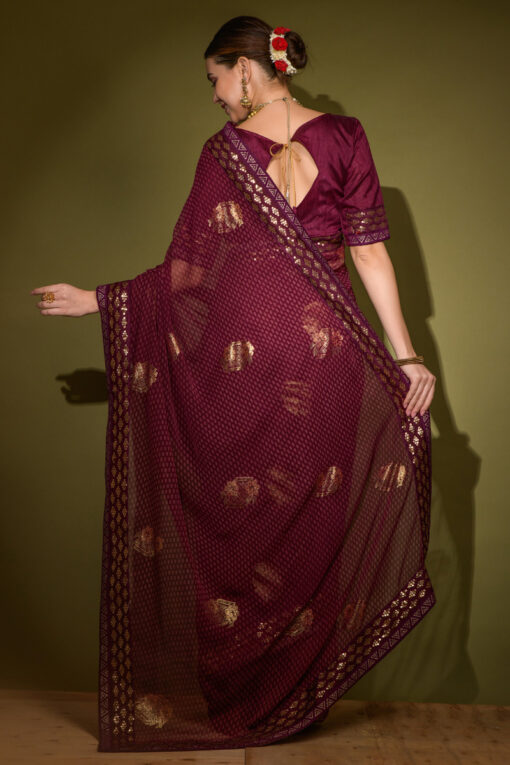 Georgette Wine Color Saree With Sequins Work