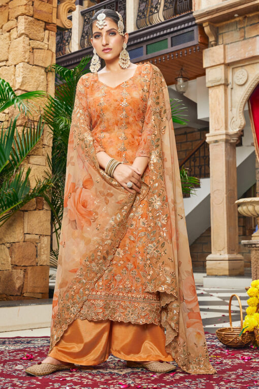 Orange Georgette Embroidered Palazzo Suit