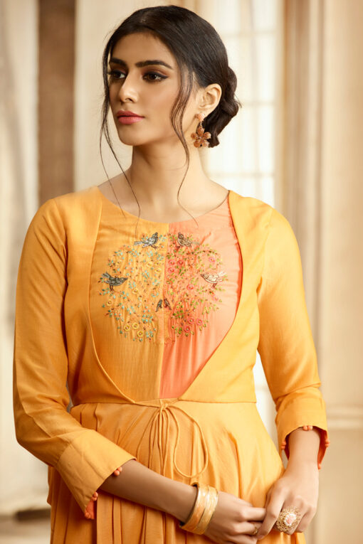 Rayon Cotton Gown Style Kurti In Yellow Color