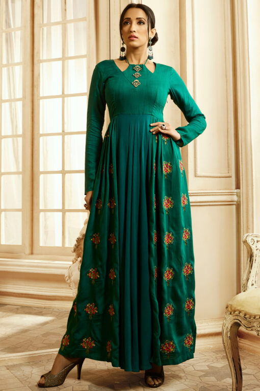 Rayon Cotton Gown Style Kurti In Dark Green Color