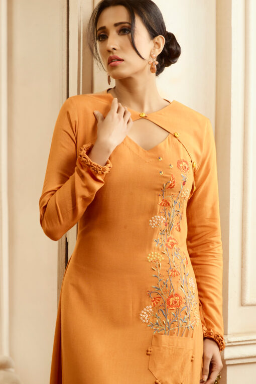 Rayon Cotton Gown Style Kurti In Mustard Color