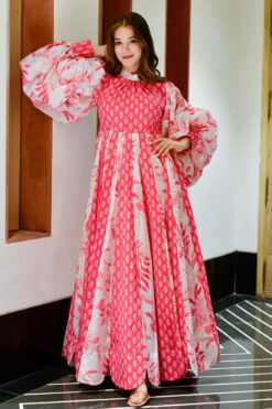 Cotton Silk Fabric Pink And White Digital Printed Gown