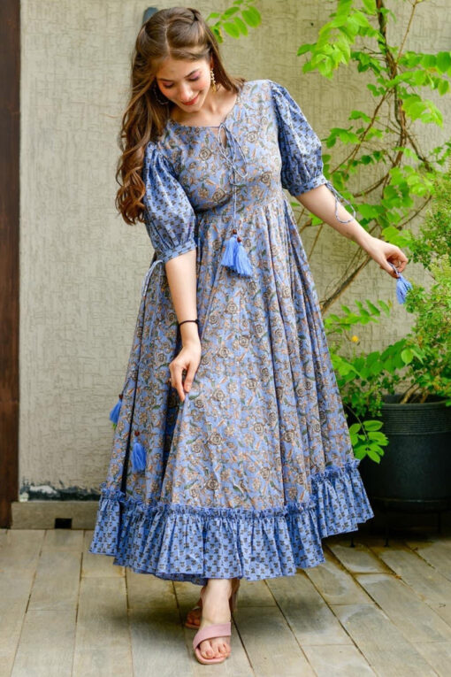 Cotton Silk Fabric Digital Printed Gown In Blue Color