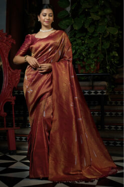 Elegant Maroon Two Tone Kanjivaram Silk Saree With Weaving Work