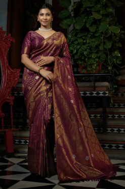 Passionate Wine Color Two Tone Kanjivaram Silk Saree With Weaving Work