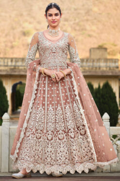 Classic Peach Net Anarkali Suit With Embroidered Work