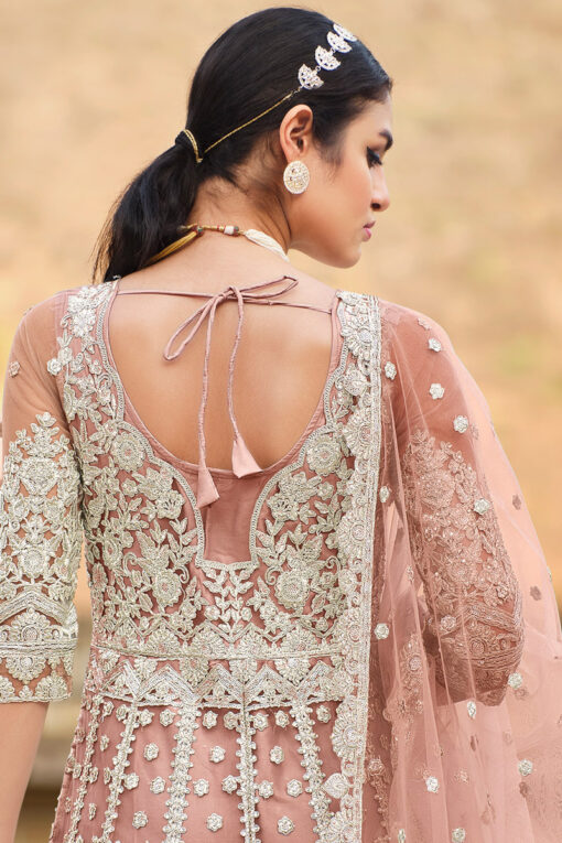 Classic Peach Net Anarkali Suit With Embroidered Work