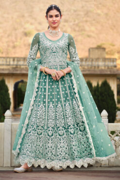 Elegant Sea Green Net Anarkali Suit With Embroidered Work