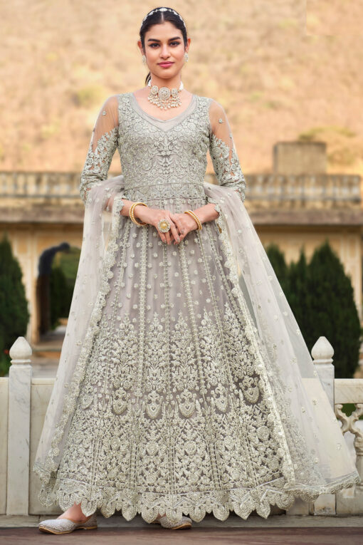 Regal Grey Net Anarkali Suit With Embroidered Work