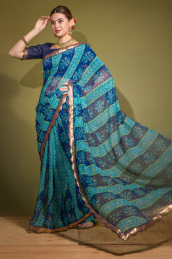 Blue Georgette Chiffon Saree With Foil Printed Work