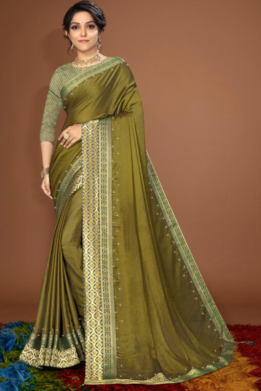 Sultry Satin Saree In Mehendi Green Color