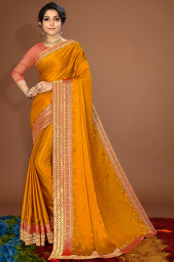 Enchanting Satin Saree In Yellow Color