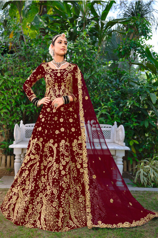 Excellent Velvet Fabric Maroon Color Embroidered Lehenga