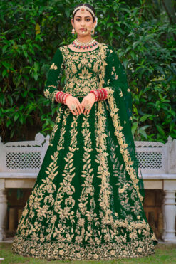 Velvet Fabric Green Color Winsome Embroidered Lehenga