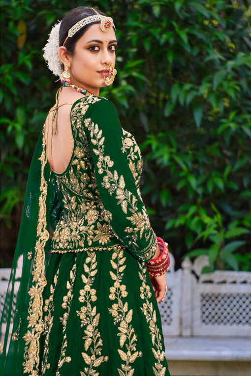 Velvet Fabric Green Color Winsome Embroidered Lehenga