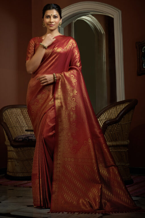 Red Color Engrossing Silk Weaving Work Saree