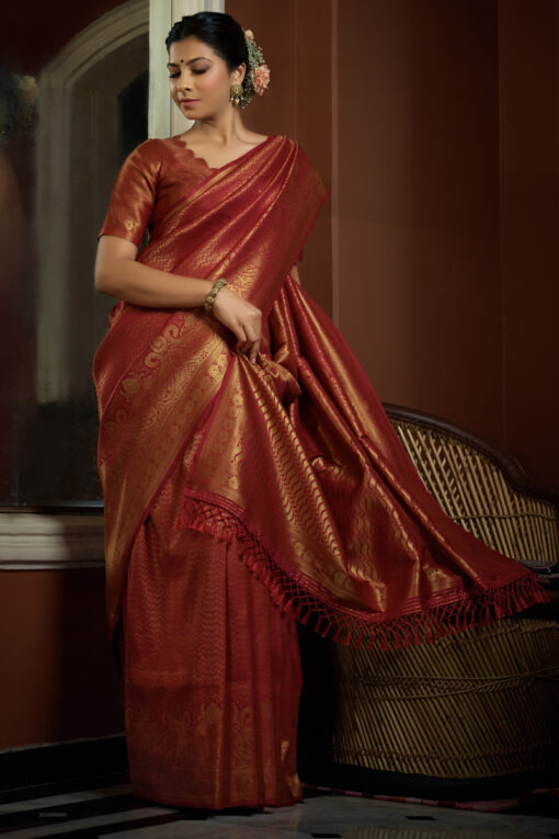 Red Color Engrossing Silk Weaving Work Saree