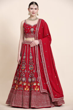 Georgette Fabric Sequins Work Lehenga Choli In Red Color