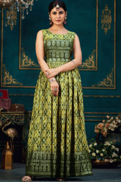 Digital Print Chinon Floor Length Gown In Green