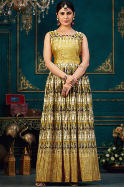 Digital Printed Yellow Chinon Designer Gown