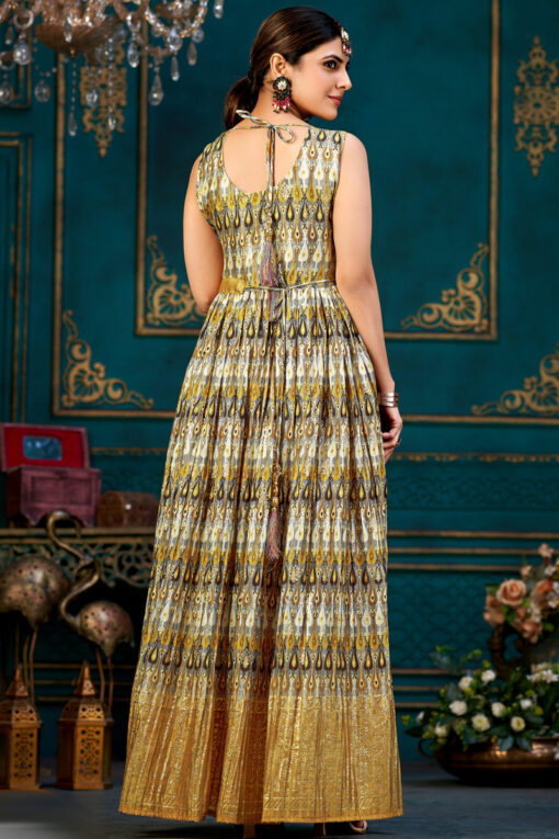 Digital Printed Yellow Chinon Designer Gown