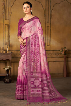 Chanderi Silk Digital Printed Saree In Pink Color