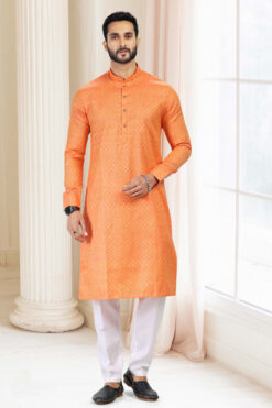Orange Color Art Silk Kurta Pyjama Set For Men