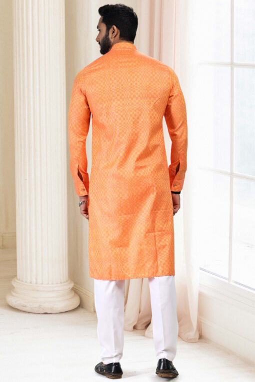 Orange Color Art Silk Kurta Pyjama Set For Men