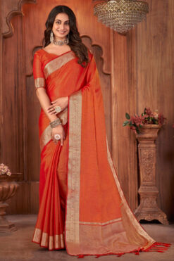Orange Color Linen Khadi Silk Saree