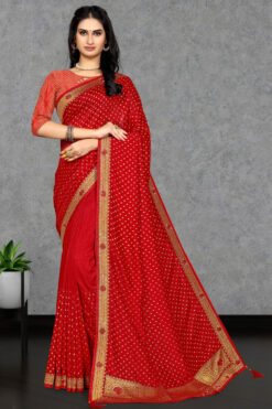 Art Silk Saree In Red Color With Fancy Work