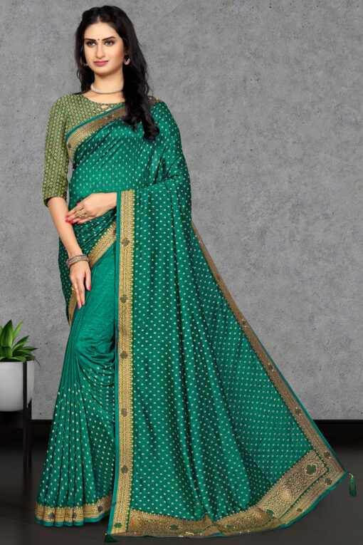 Art Silk Saree In Green Color With Fancy Work