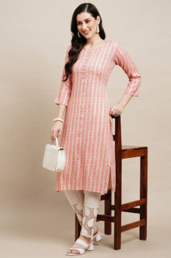 Pink Color Straight Readymade Kurti With Printed Designs