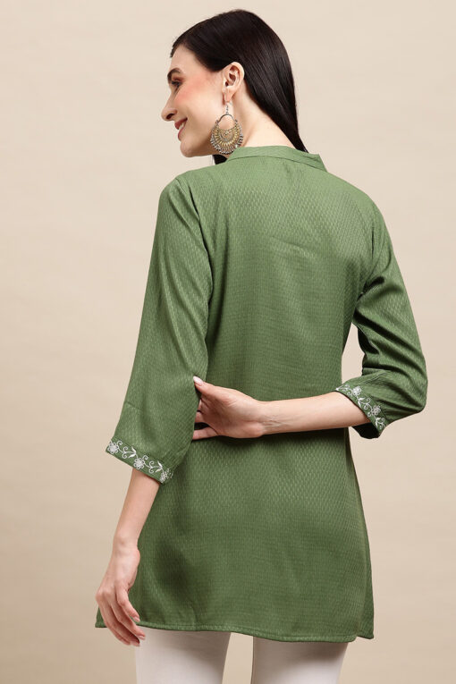 Rayon Readymade Embroidered Green Color Kurti