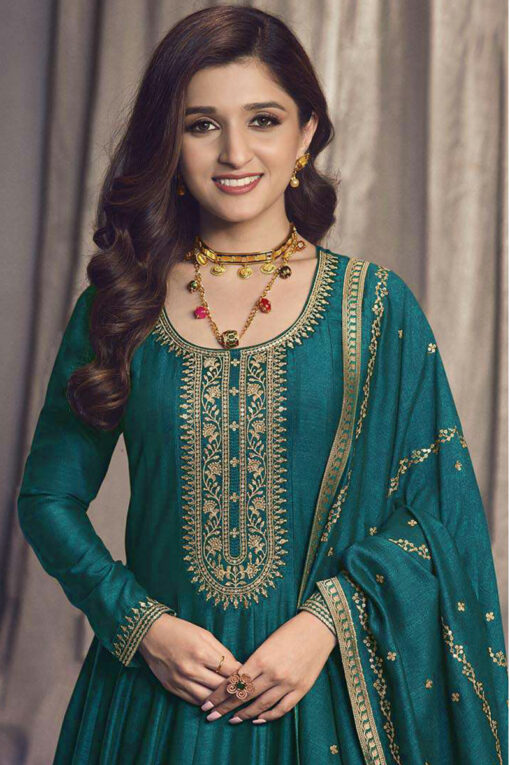Nidhi Shah Teal Color Art Silk Fabric Party Look Anarkali Suit