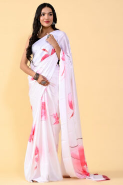 White Satin Silk Divine Digital Printed Saree