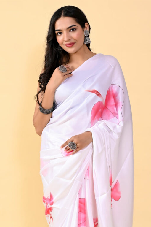 White Satin Silk Divine Digital Printed Saree