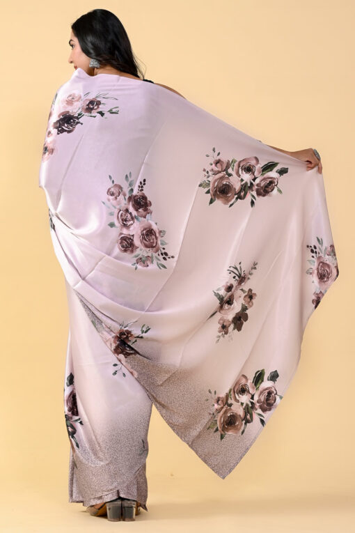 Cream Satin Silk Fetching Digital Printed Saree