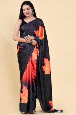 Black Admirable Digital Printed Saree In Satin Silk Fabric
