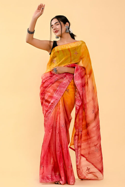 Embellished Casual Cotton Saree In Orange And Pink Color