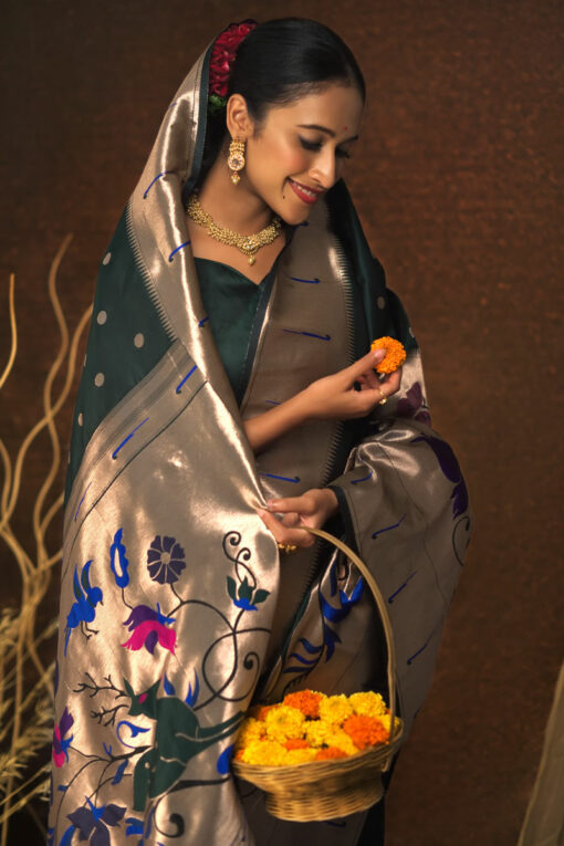 Dark Green Paithani Silk Weaving Work Beatific Saree
