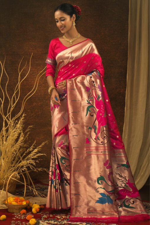 Paithani Silk Weaving Work Superior Saree In Rani Color