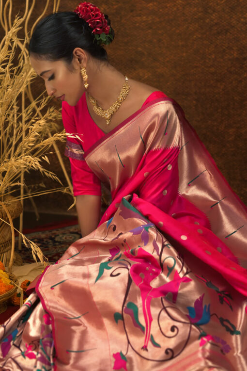 Paithani Silk Weaving Work Superior Saree In Rani Color