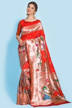 Red Weaving Work Coveted Saree In Paithani Silk
