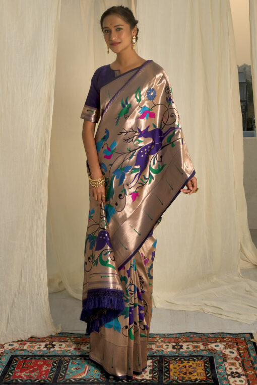Paithani Silk Weaving Work Vivacious Saree In Blue Color