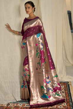 Paithani Silk Weaving Work Amazing Saree In Wine Color