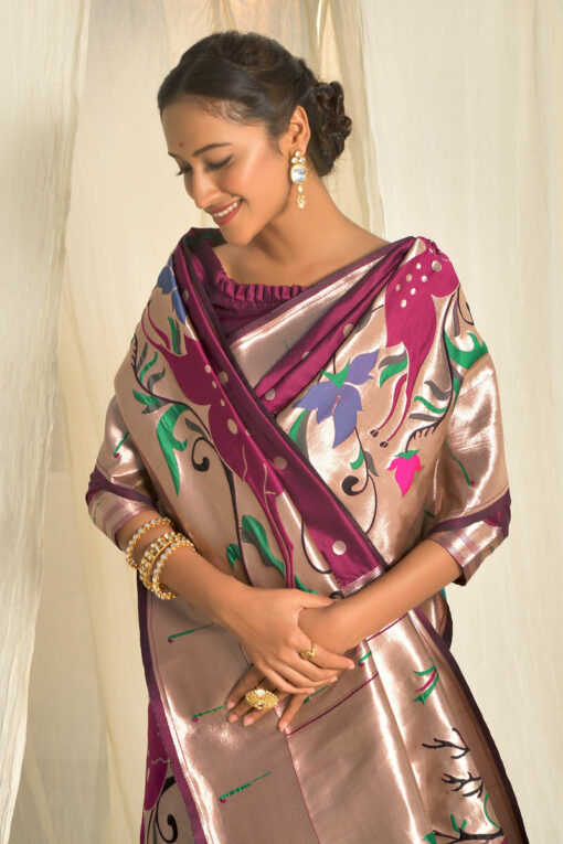 Paithani Silk Weaving Work Amazing Saree In Wine Color