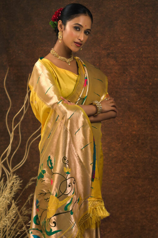 Mustard Weaving Work Paithani Silk Incredible Saree