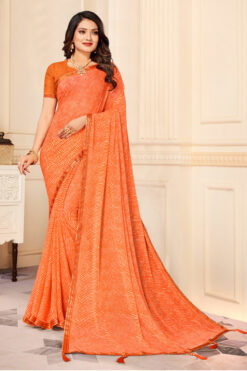 Chiffon Fabric Printed Work Saree In Orange Color