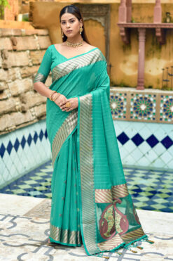 Festive Wear Sea Green Mesmeric Cotton Silk Saree