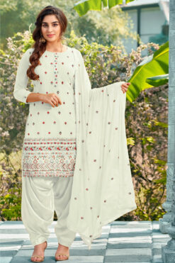 Radiant White Georgette Embroidered Patiala Suit